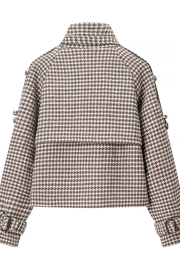Langry fashion houndstooth wool trench coat with buttons and high collar