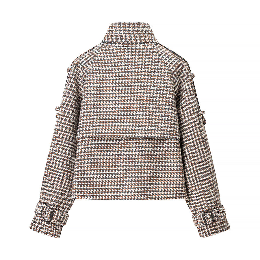 Langry fashion houndstooth wool trench coat with buttons and high collar