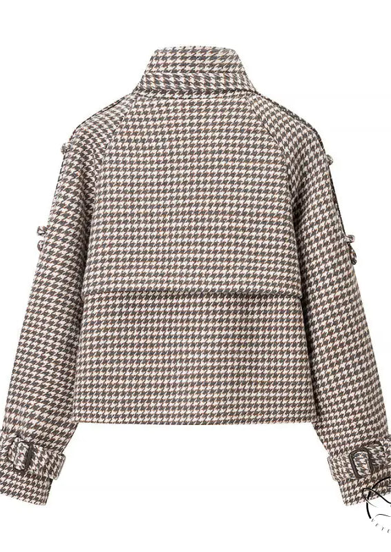 Winter retro plaid woolen button short trench coat with houndstooth pattern