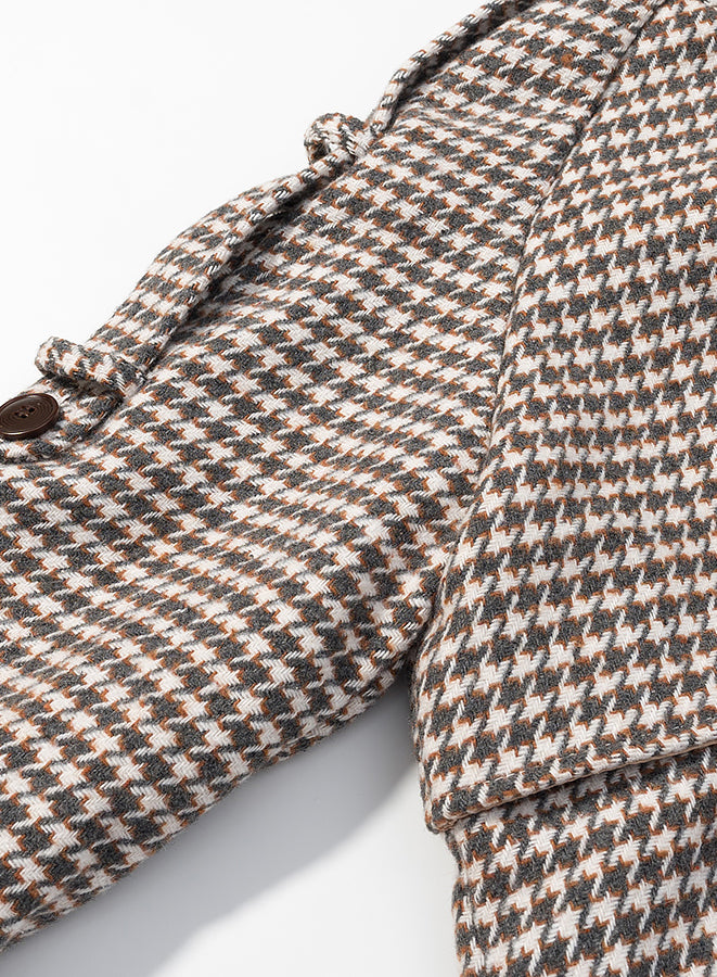 Langry fashion brown white houndstooth wool toggle coat