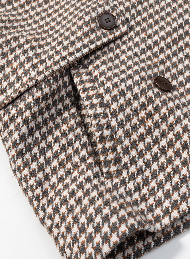 Winter Retro Plaid Woolen Button Short Trench Coat in brown and white houndstooth with black buttons, Langry fashion apparel