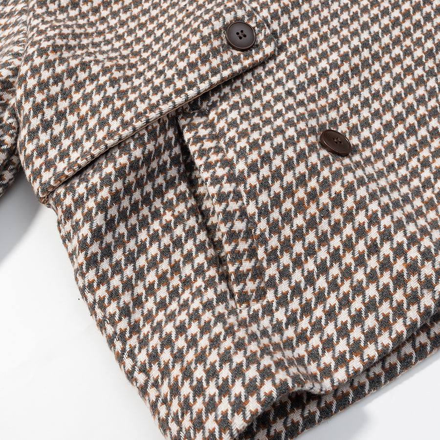 Winter Retro Plaid Woolen Button Short Trench Coat in brown and white houndstooth with black buttons, Langry fashion apparel