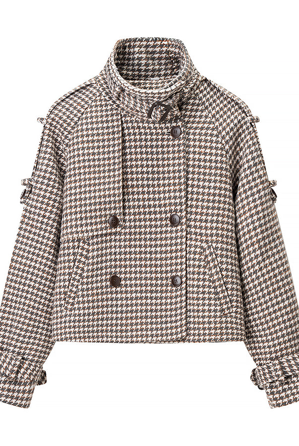 Langry fashion houndstooth cropped wool trench coat in neutral tones