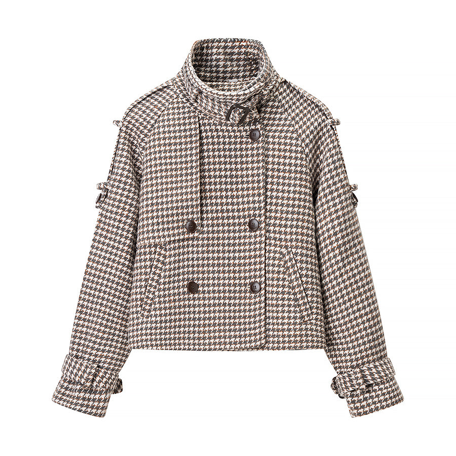 Langry fashion houndstooth cropped wool trench coat in neutral tones