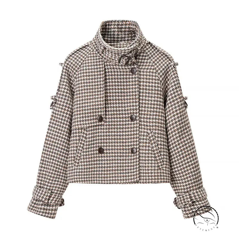Winter retro plaid woolen cropped trench coat with houndstooth pattern