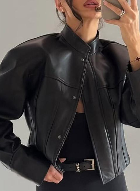 Stylish Langry faux leather jacket with cropped design, button closure, and pockets