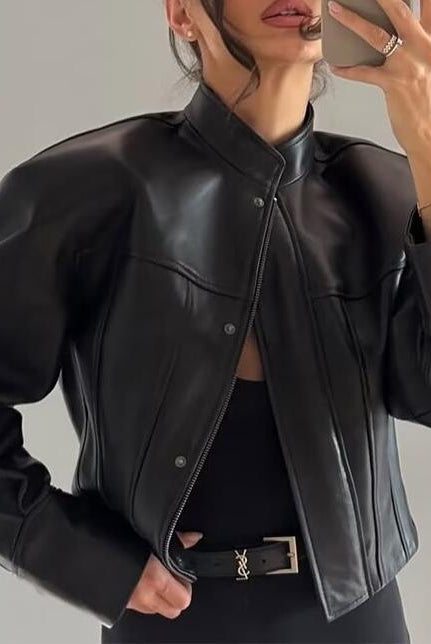 Stylish Langry faux leather jacket with cropped design, button closure, and pockets