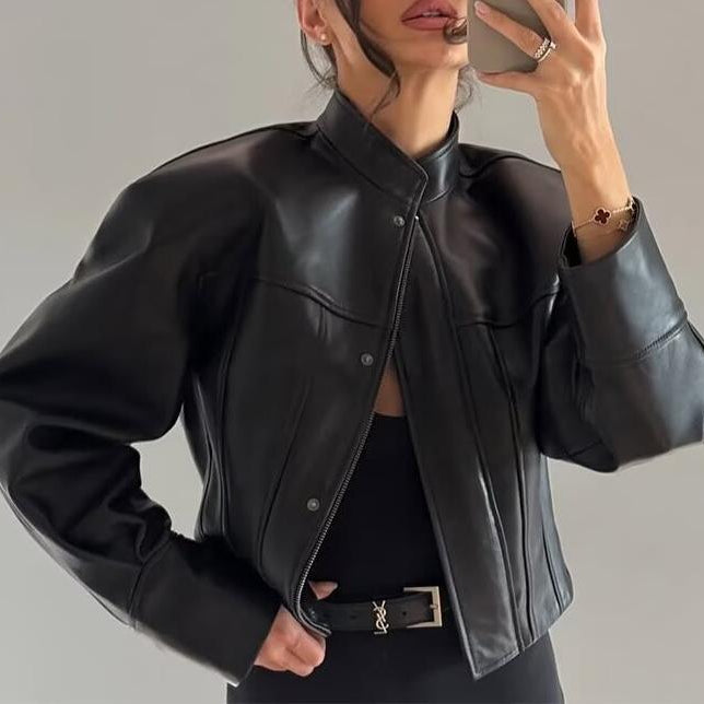 Stylish Langry faux leather jacket with cropped design, button closure, and pockets