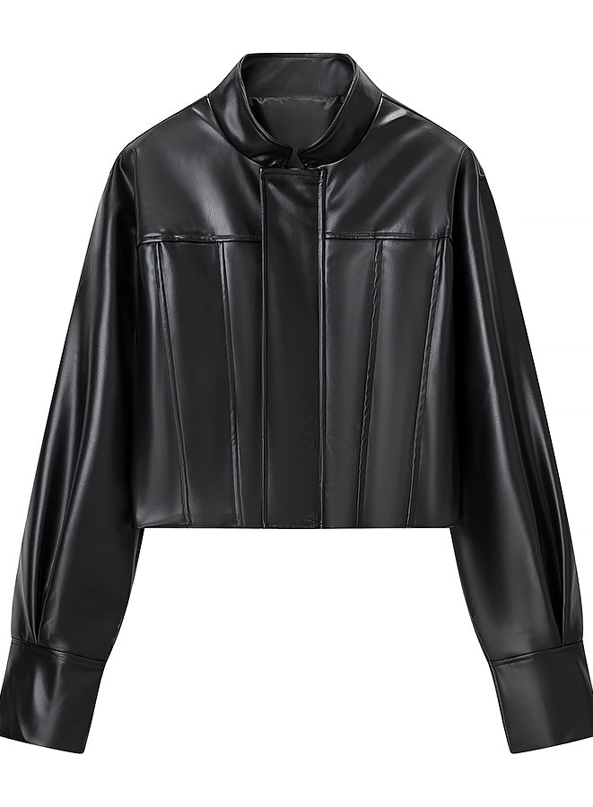 Stylish Langry faux leather jacket with high collar and zipper