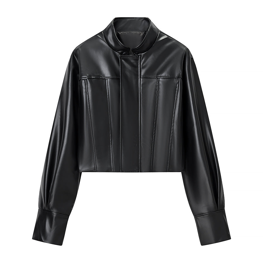 Stylish Langry faux leather jacket with high collar and zipper