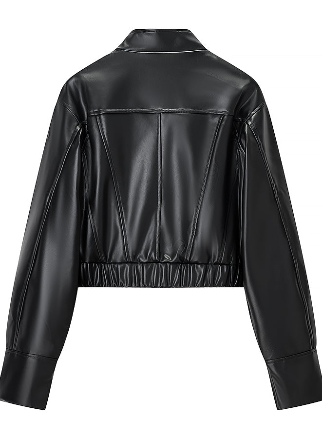 Stylish Langry faux leather jacket with cropped design and stand-up collar