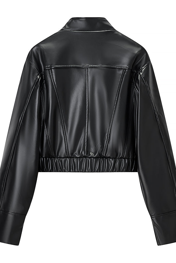 Stylish Langry faux leather jacket with cropped design and stand-up collar
