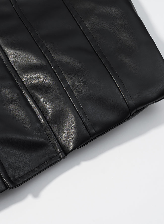 Black pleated faux leather skirt with Langry leather jacket