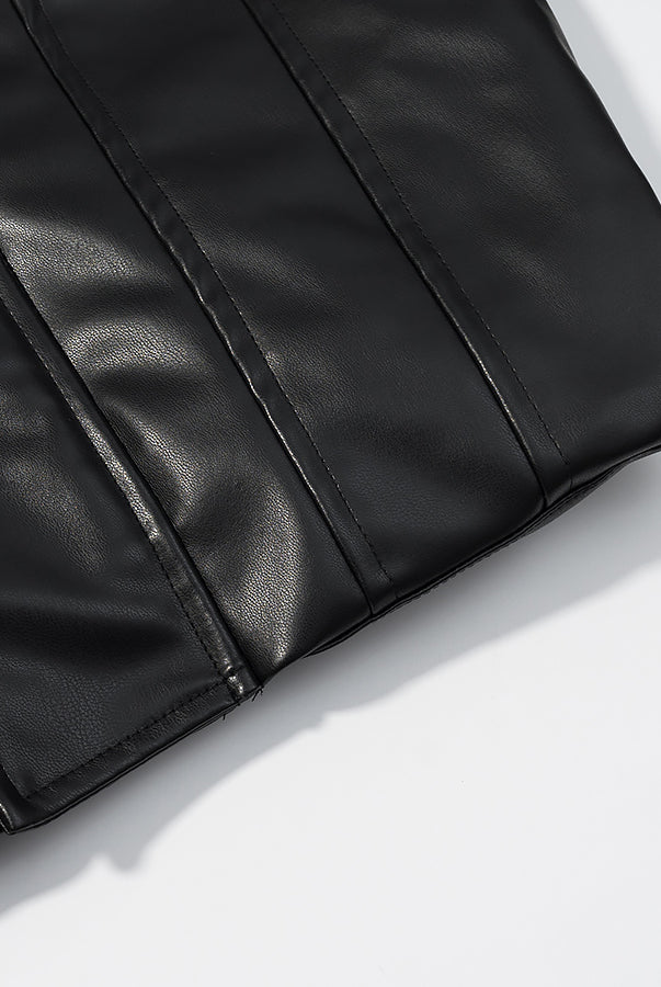 Black pleated faux leather skirt with Langry leather jacket