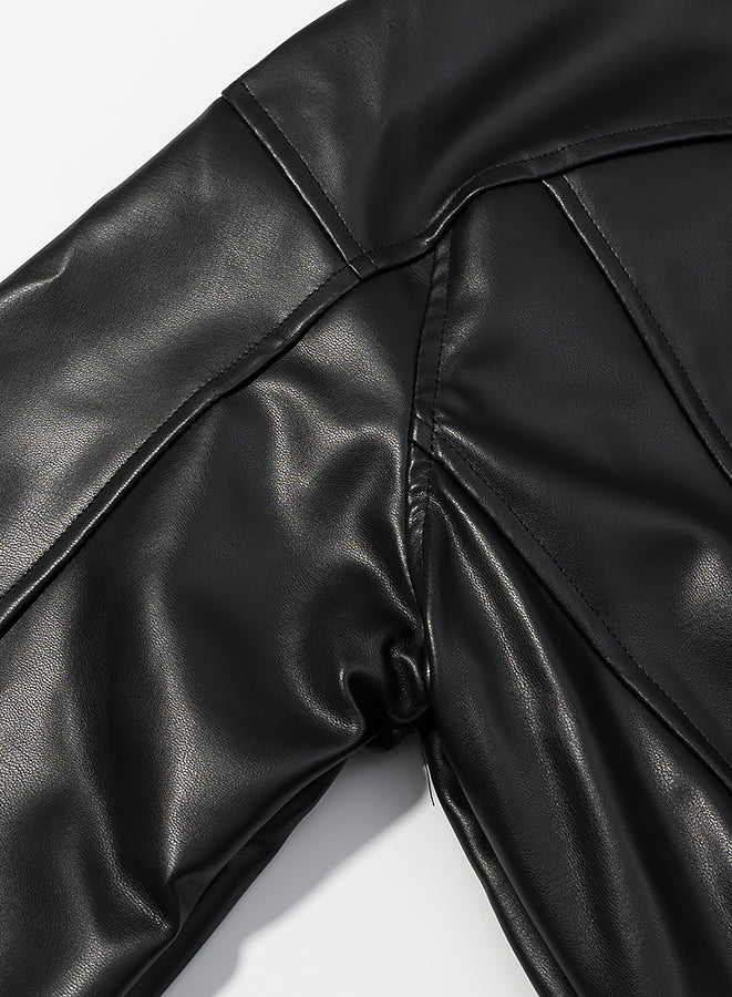Langry faux leather jacket with shiny black pants and elastic waistband