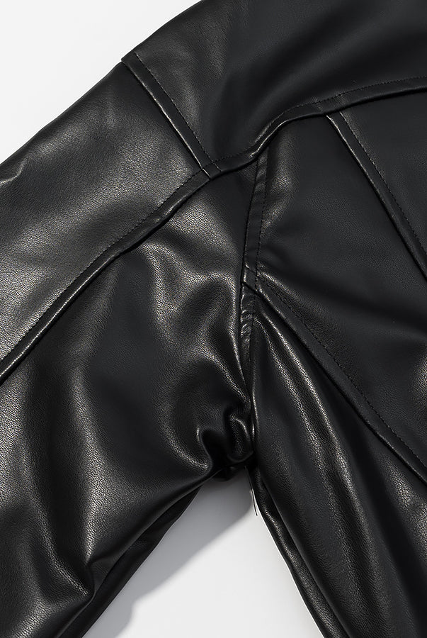 Langry faux leather jacket with shiny black pants and elastic waistband