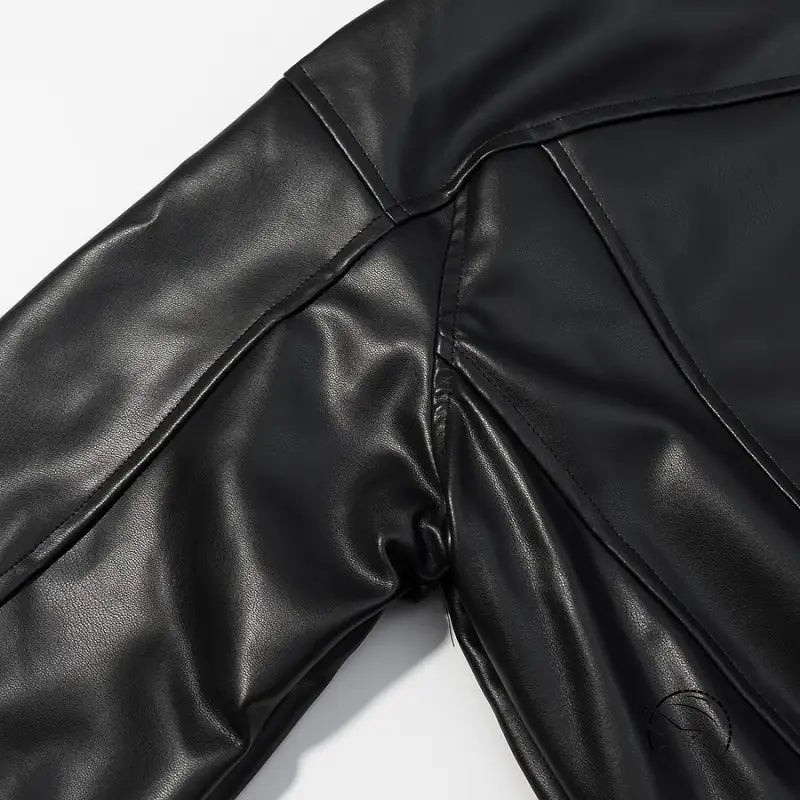 Stylish faux leather jacket with black shiny pants and elastic waistband