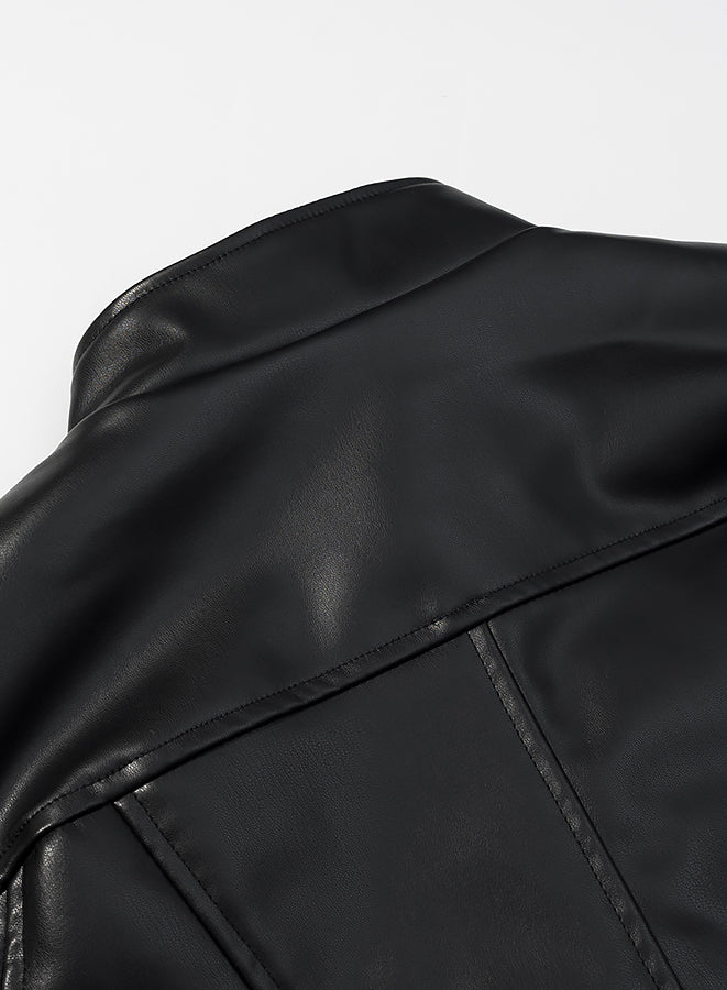 Stylish Langry faux leather jacket with patchwork and structured shoulders