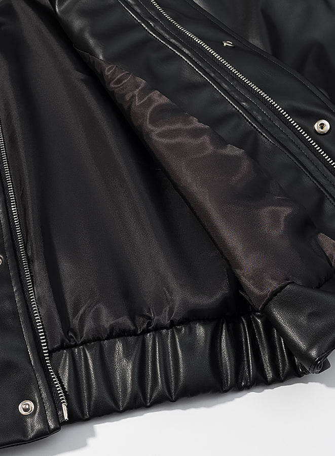 Stylish simple short faux leather jacket by Langry with silver zipper details