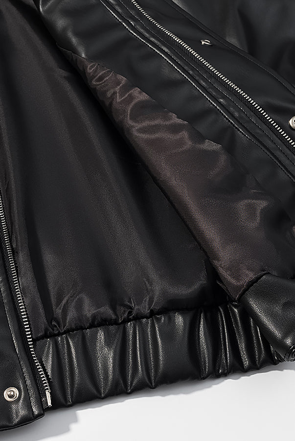 Stylish simple short faux leather jacket by Langry with silver zipper details