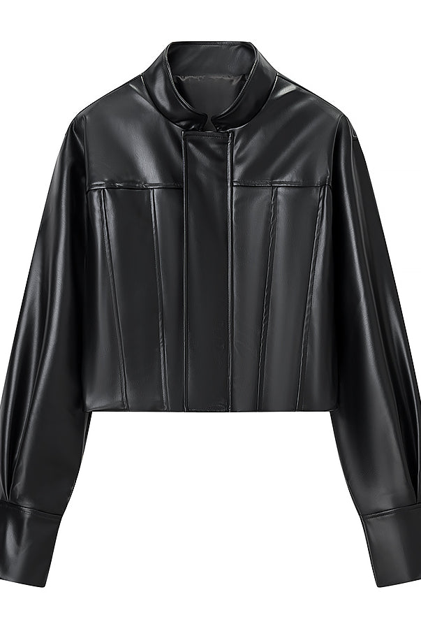 Stylish Langry faux leather jacket with high collar and zipper