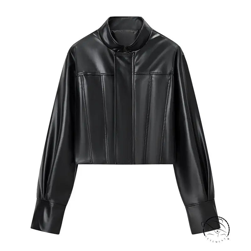 Stylish faux leather jacket with high collar and zipper closure