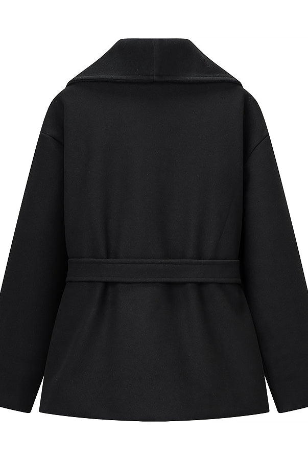 Elegant black wool coat with double-breasted front and belt, langry fashion