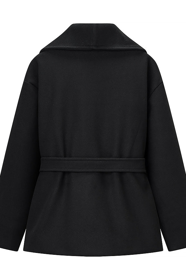 Elegant black wool coat with double-breasted front and belt, langry fashion