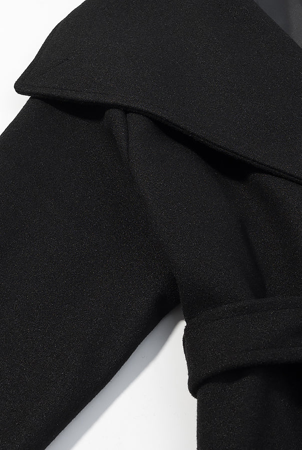 Elegant Langry black wool coat with ruffled sleeves and lapel collar