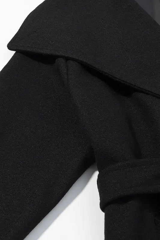 Black elegant woolen coat with ruffled sleeves and lapel collar