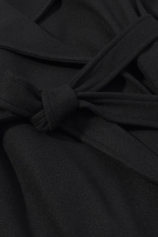 Elegant langry fashion black woolen coat with bow waist detail