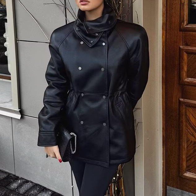 Langry faux leather jacket with high collar and button details