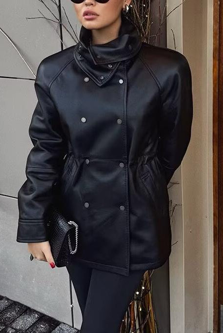 Langry faux leather jacket with high collar and button details