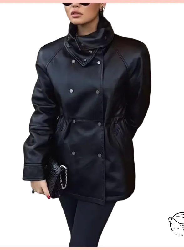Langry faux leather coat with high collar and button details