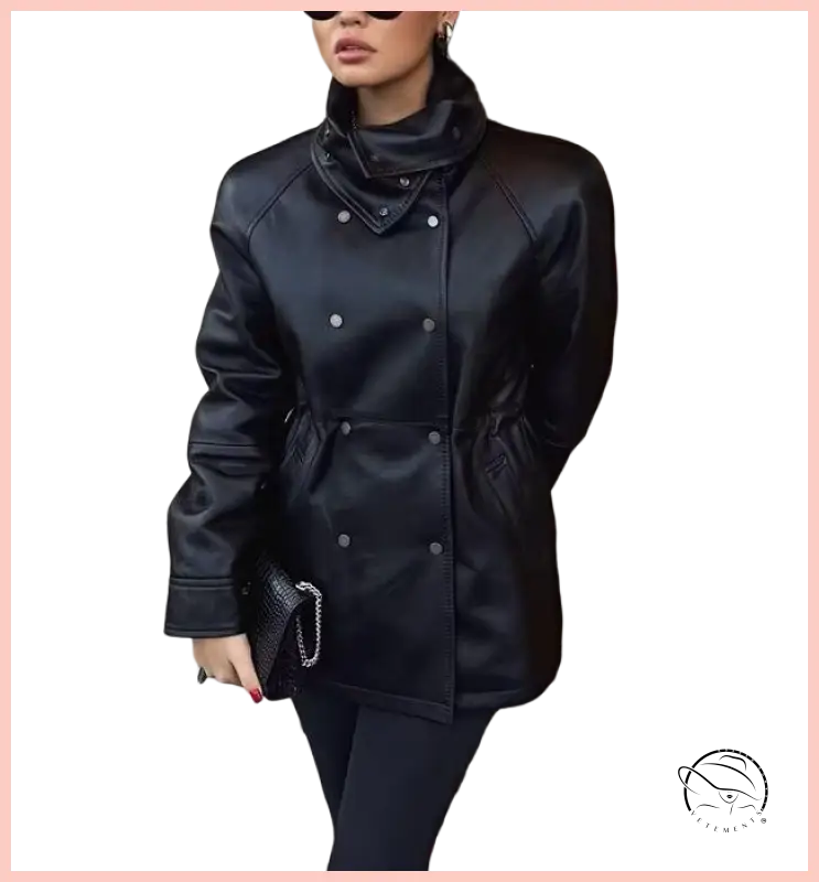 Langry faux leather coat with high collar and button details