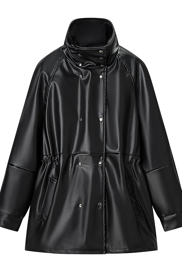 Langry faux leather casual drawstring waist coat with high collar