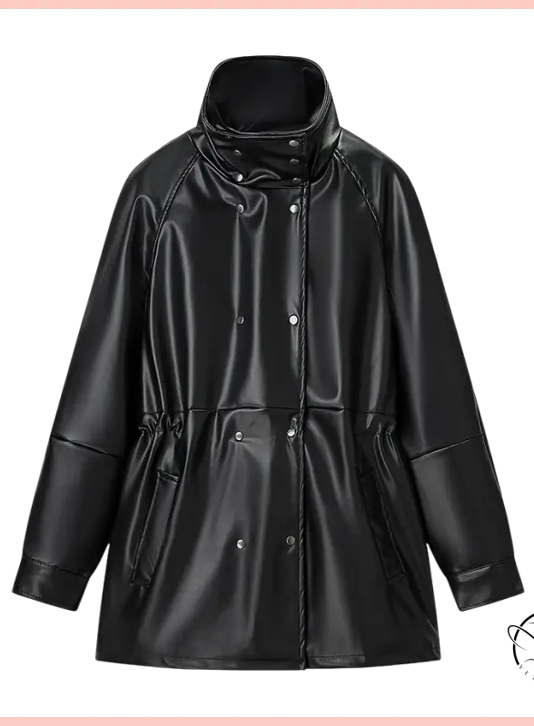Langry faux leather coat with high collar and button details