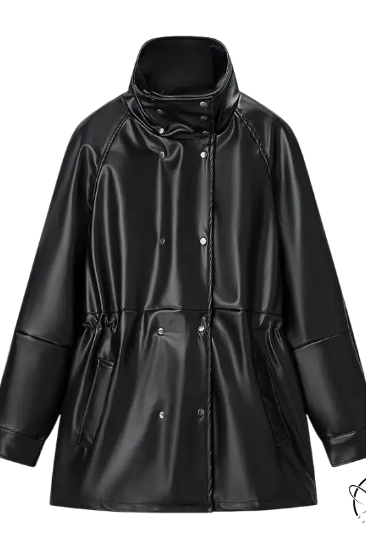 Langry faux leather coat with high collar, buttons, and drawstring waist