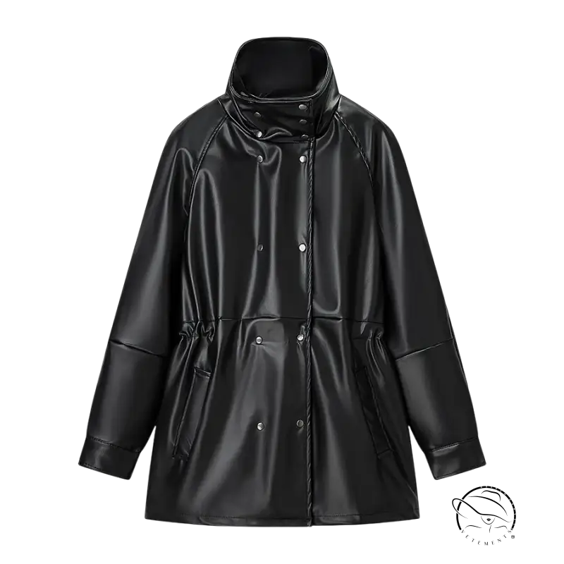 Langry faux leather coat with high collar, buttons, and drawstring waist