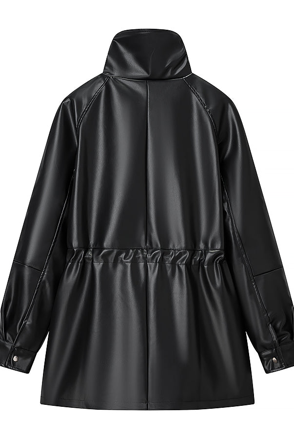 Sleek faux leather Langry fashion coat with high collar and drawstring hem
