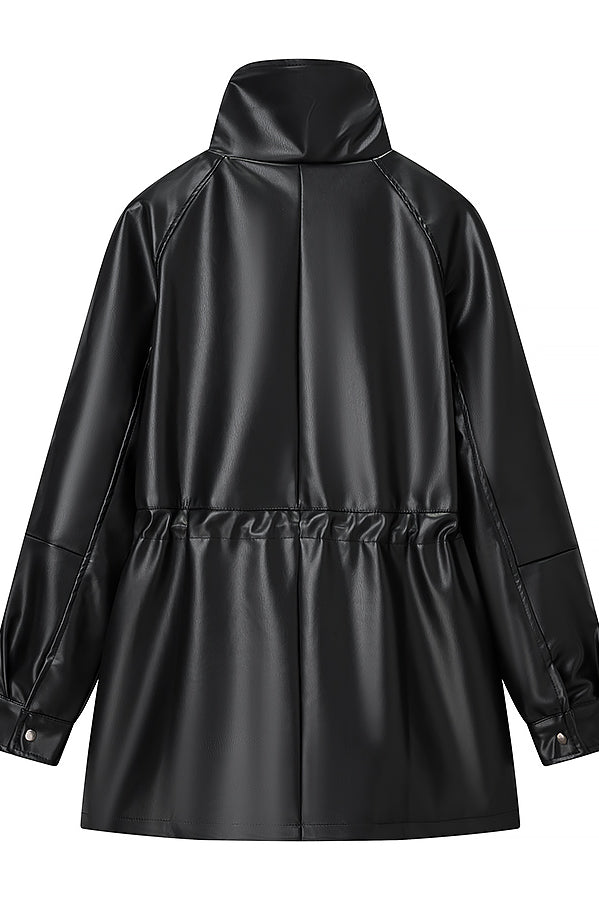 Sleek faux leather Langry fashion coat with high collar and drawstring hem