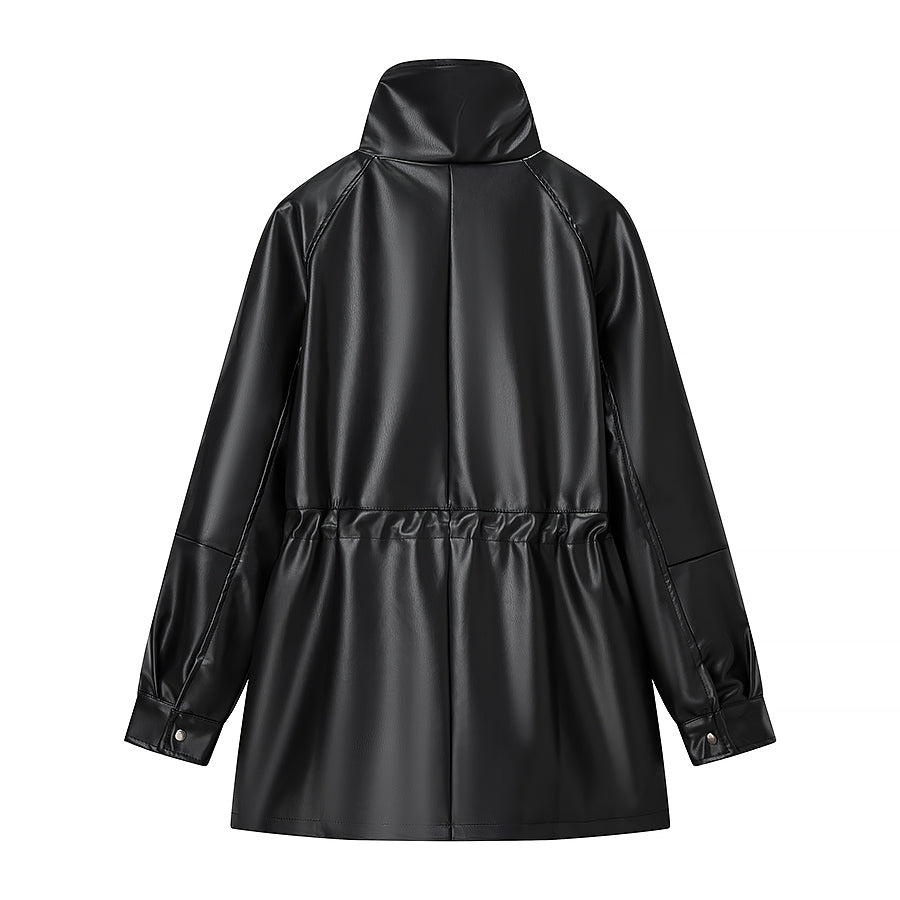 Sleek faux leather Langry fashion coat with high collar and drawstring hem