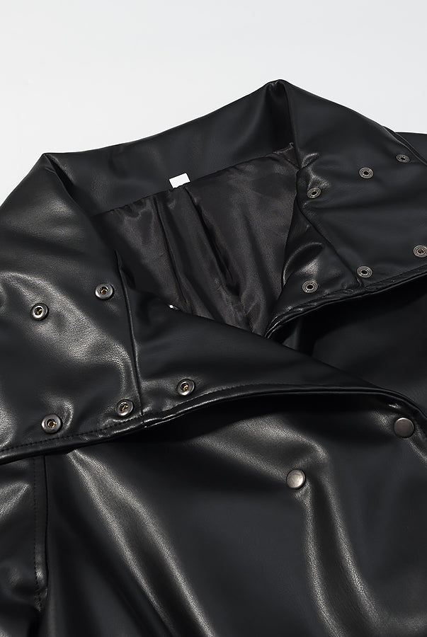 Black glossy faux leather Langry raincoat with snap buttons and hood