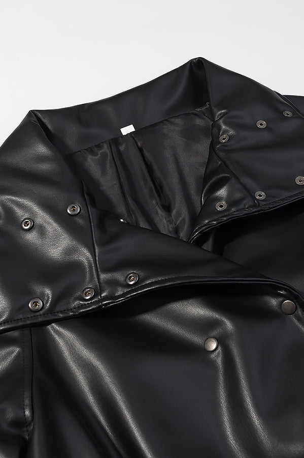 Black glossy faux leather Langry raincoat with snap buttons and hood