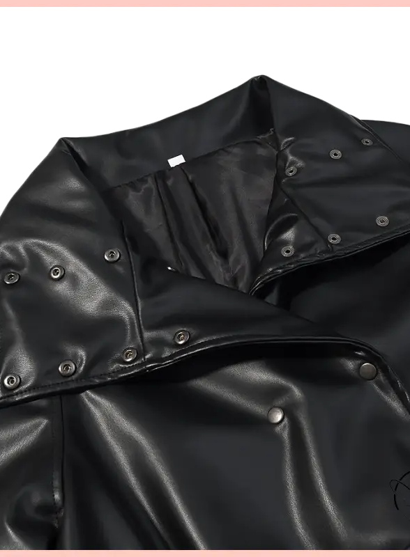 Black glossy faux leather coat with hood and snap buttons by Langry