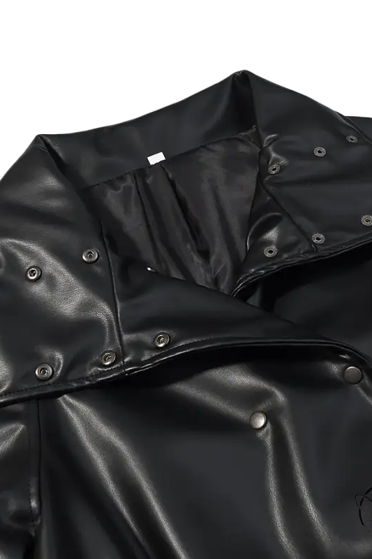 Black glossy faux leather coat with snap buttons, hood, and drawstring waist by Langry