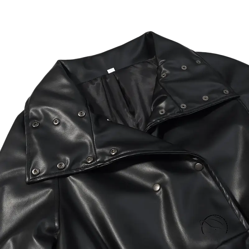 Black glossy faux leather coat with snap buttons, hood, and drawstring waist by Langry