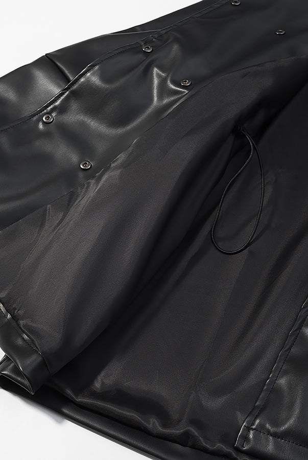Black glossy faux leather Langry raincoat with drawstring hem