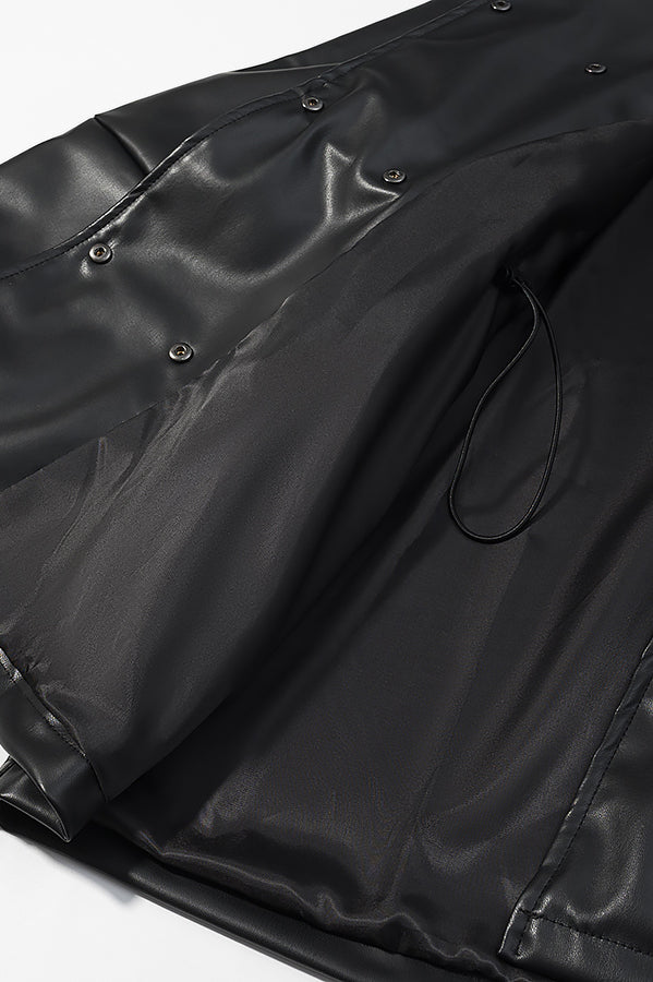 Black glossy faux leather Langry raincoat with drawstring hem