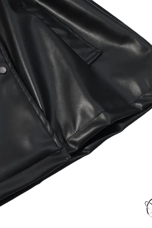 Langry faux leather coat with black jacket button closure and pocket detail